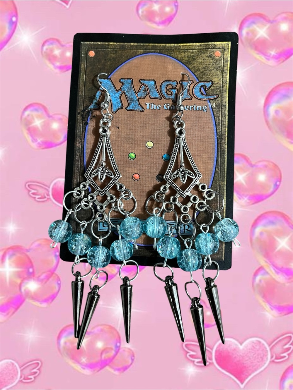 Magic: The Gathering Card Earrings with Aqua Beads and Silver Spikes